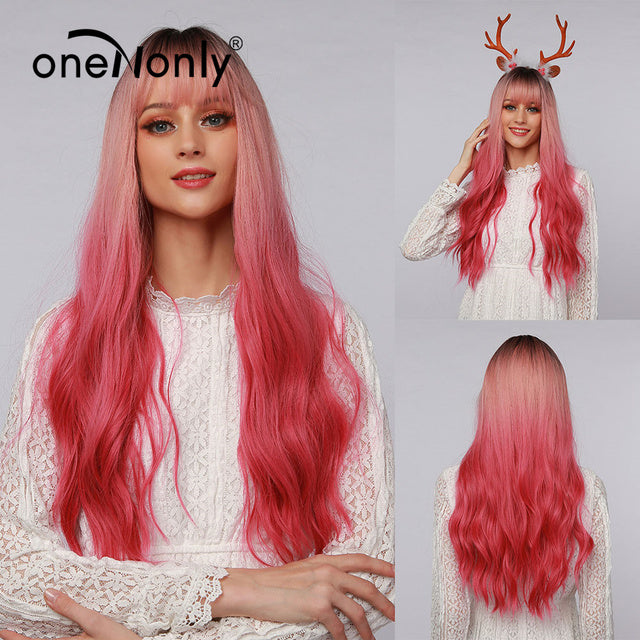 Lange Rosa Perücke mit Pony Natürliche Welle