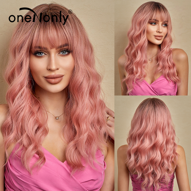 Lange Rosa Perücke mit Pony Natürliche Welle
