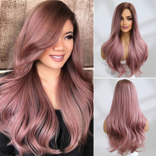 Lange Rosa Perücke mit Pony Natürliche Welle
