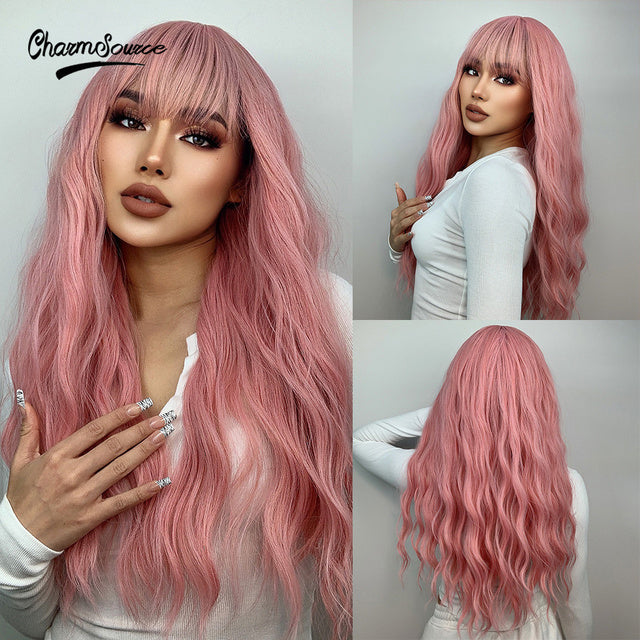 Lange Rosa Perücke mit Pony Natürliche Welle